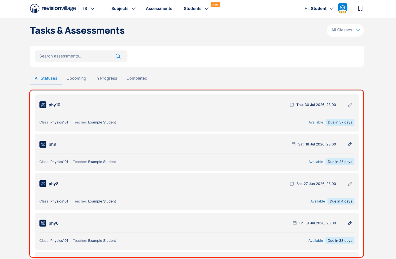 Viewing an assessment or task - Students