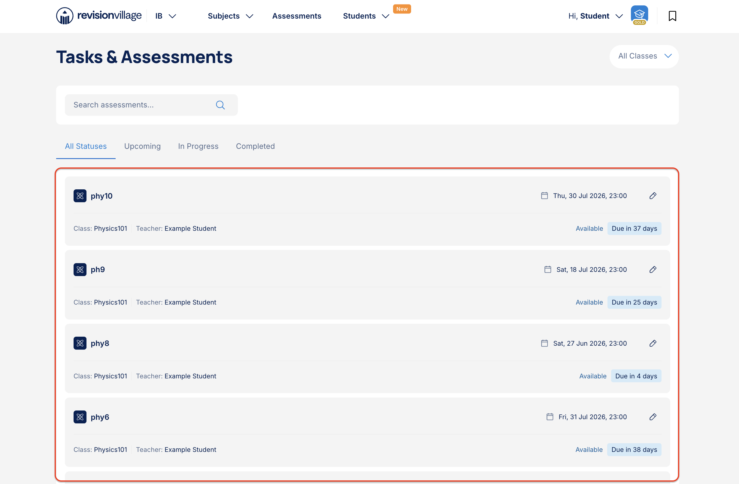 Viewing an assessment or task - Students